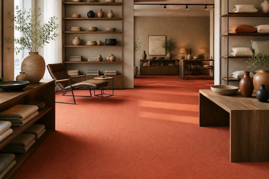 Terracotta-colored carpet in a retail display interior
